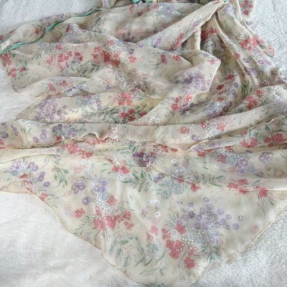 Jeri Modes Vintage 70s Sheer Chiffon Floral Midi Dress Womens M‎ Pink Tie Waist - Picture 7 of 12